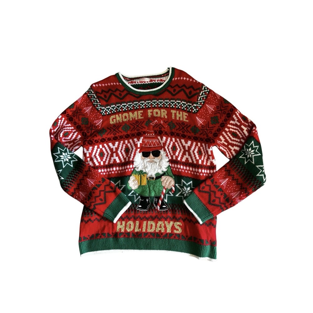 Holiday Time Gnome Long Sleeve Crew Neck Ugly Holiday Christmas Knit‎ Sweater L